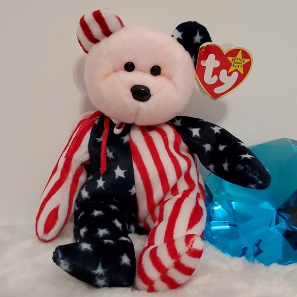 2 Ty Beanie Babies SPANGLE and VALENTINO Bears with tags Patriotic and Love - Picture 7 of 7